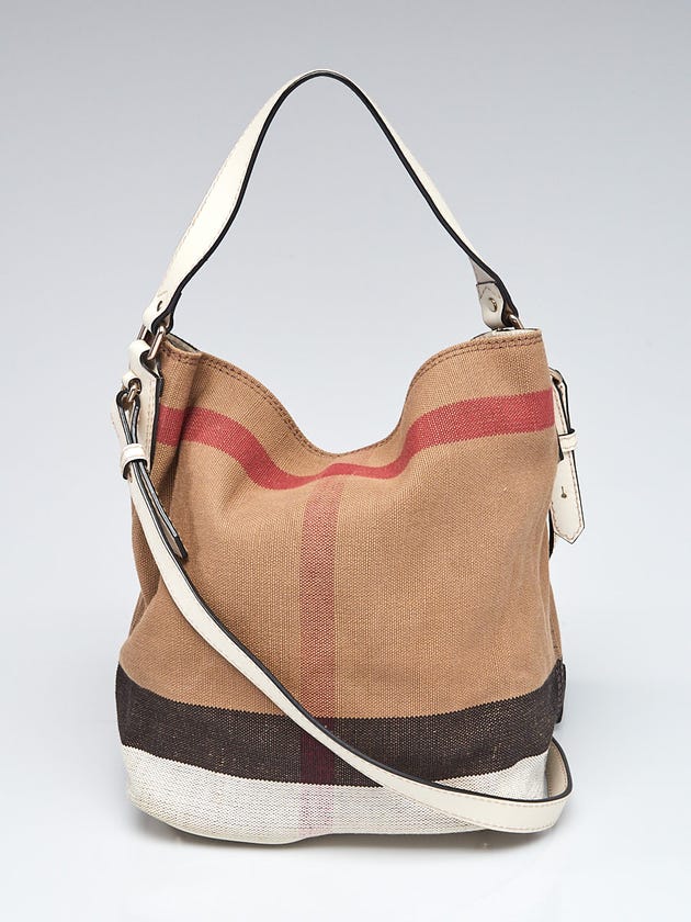 Burberry White Leather and Canvas Check Small Susanna Bucket Bag