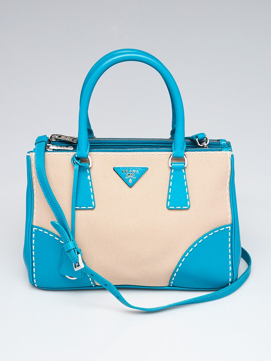 Prada Teal City Leather and Beige Canvas Stich Small Double Zip Tote Bag -  Yoogi's Closet