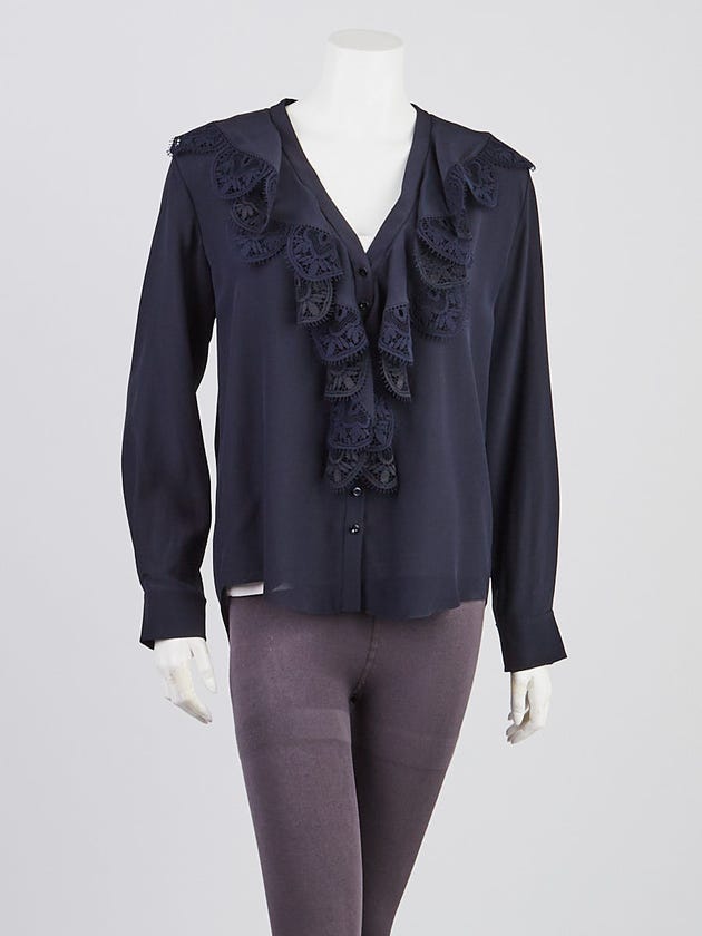 Chloe Iconic Navy Silk/Lace Button Up Blouse Size 4/38