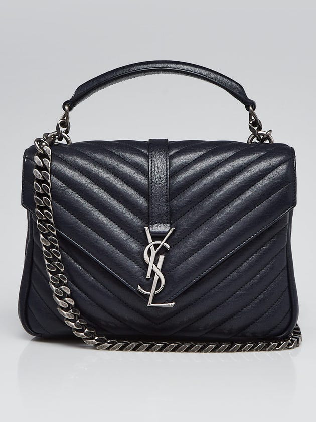 Yves Saint Laurent Navy Blue Chevron Quilted Leather Monogram Medium College Bag
