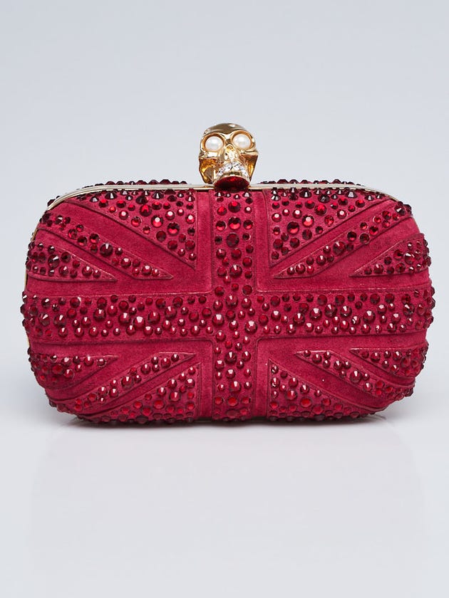 Alexander McQueen Dark Pink Suede and Crystal Britannia Studded Skull Clutch Bag