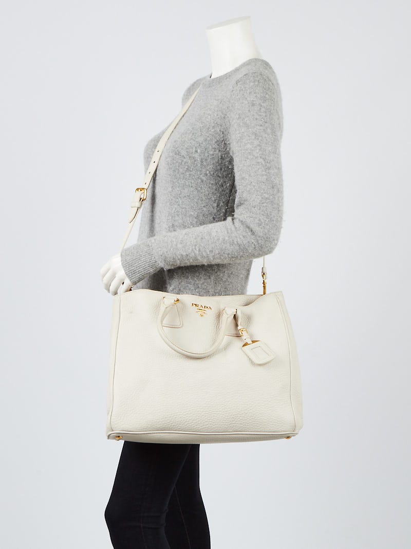 【関税&送料込】Prada White Leather Shopping Bag Prada Logo Printed Leather Zipped Tote Bag (Top Handle Bags
