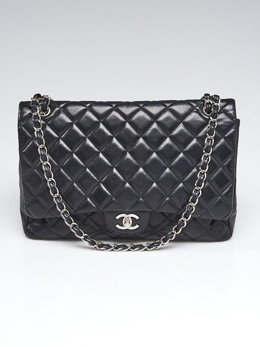 Authentic Chanel Maxi Single Flap Bag Black Caviar Leather Silver