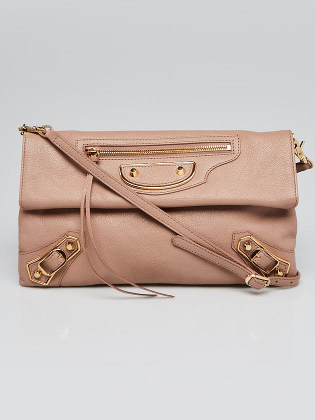Balenciaga Rose des Sables Chevre Leather Metallic Edge Envelope Clutch Crossbody Bag w/ Strap