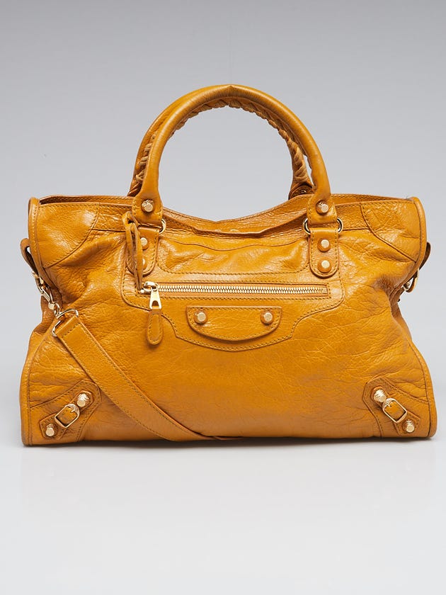 Balenciaga Mustard Oryx Lambskin Leather Giant 12 Gold Motorcycle City Bag