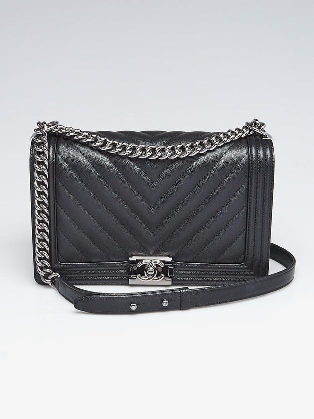 Chanel Black Chevron Quilted Caviar Leather New Medium Boy Bag