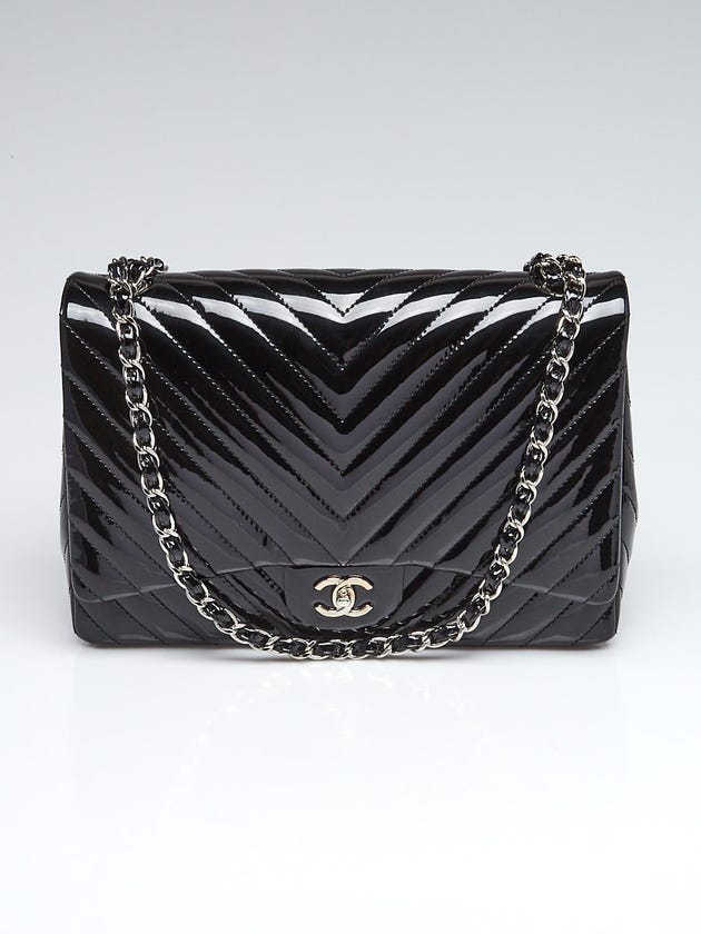 Chanel Black Chevron Quilted Patent Leather Classic Single Maxi Flap Bag