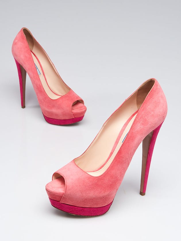 Prada Pink Suede Two Tone Platform Peep Toe Platform Heels Size 9/39.5