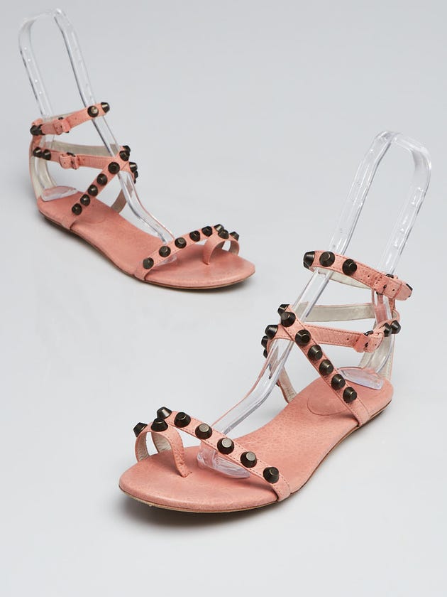 Balenciaga Vieux Rose Leather Studded Ankle Wrap Flat Sandals Size 8.5/39