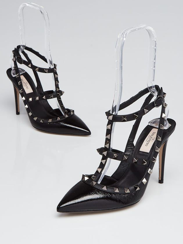 Valentino Black Textured Patent Leather T-Strap Rockstud Heels Size 8/38.5