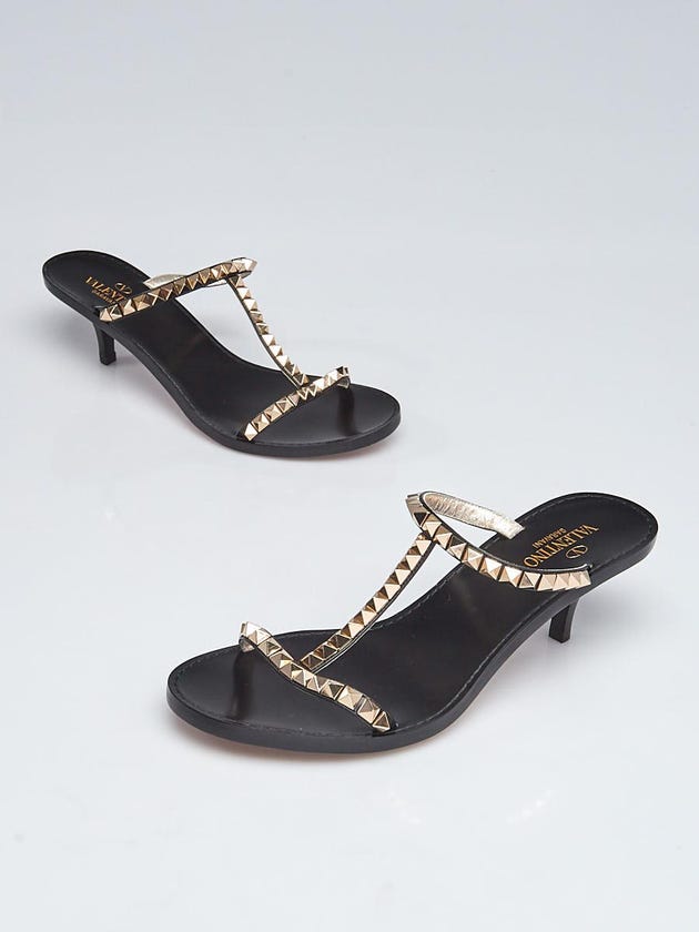 Valentino Black Leather Rockstud Slide Kitten Heel Sandals Size 7/37.5