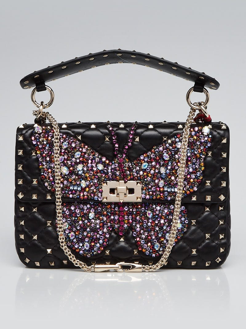 Valentino Black Quilted Spike It Crystal Butterfly Shoulder Bag - Yoogi's Closet