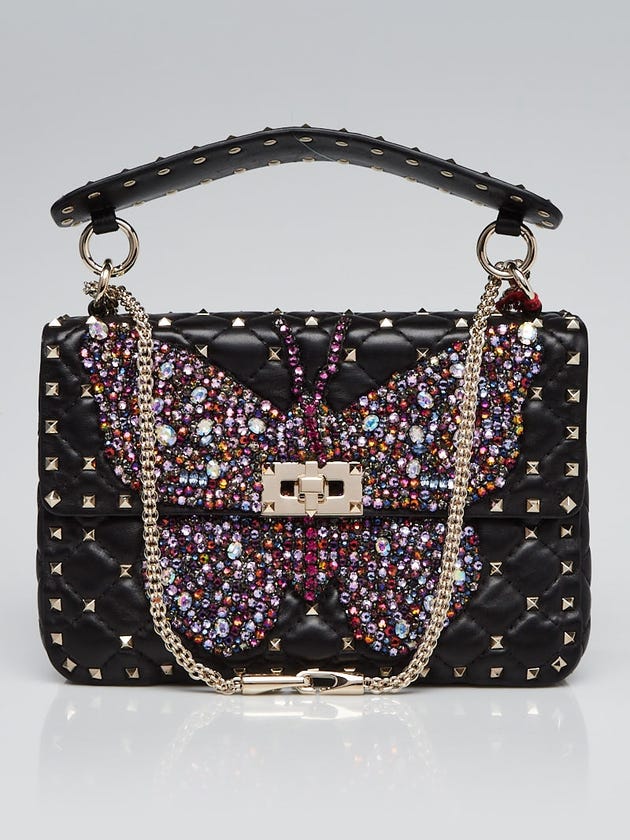 Valentino Black Quilted Leather Spike It Crystal Butterfly Medium Shoulder Bag