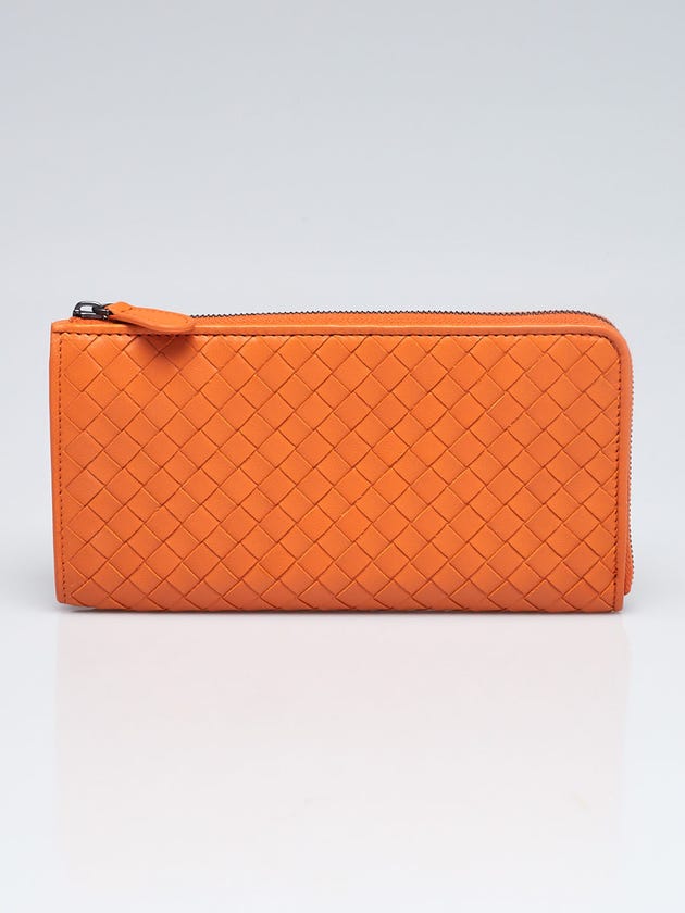 Bottega Veneta Orange Intrecciato Woven Nappa Leather Zip Around Wallet