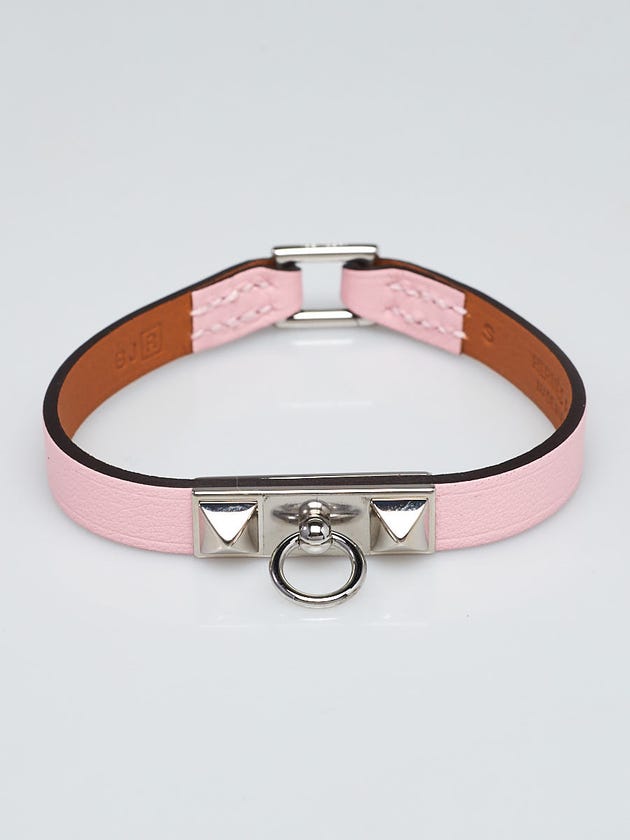 Hermes Rose Sakura Swift Leather Palladium Plated Micro Rivale Bracelet Size S