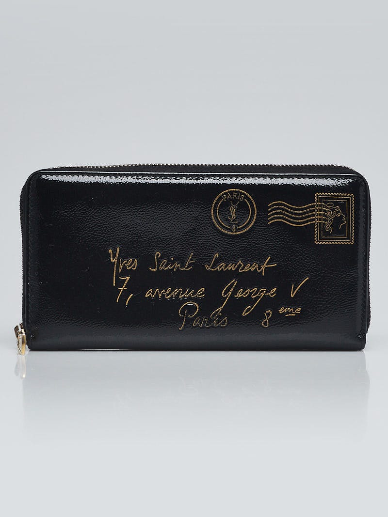 Yves Saint Laurent Black Patent Leather Y-Mail Zip Wallet