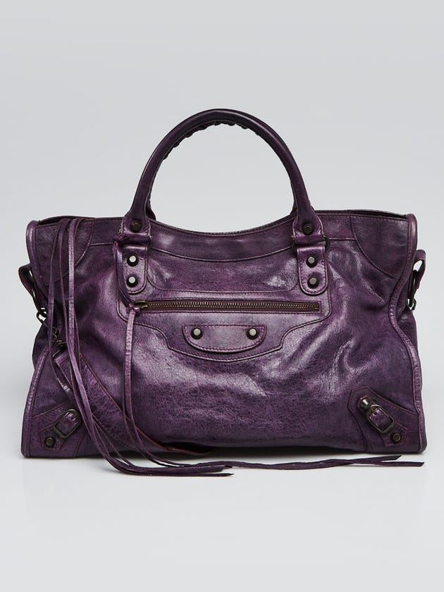 Balenciaga Purple Lambskin Leather Motorcycle City Bag