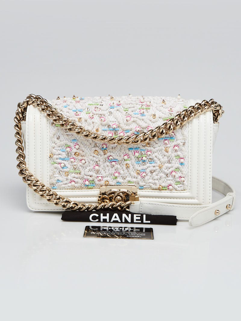Chanel White Leather and Tweed Beaded Medium Boy Bag - Yoogi's Closet