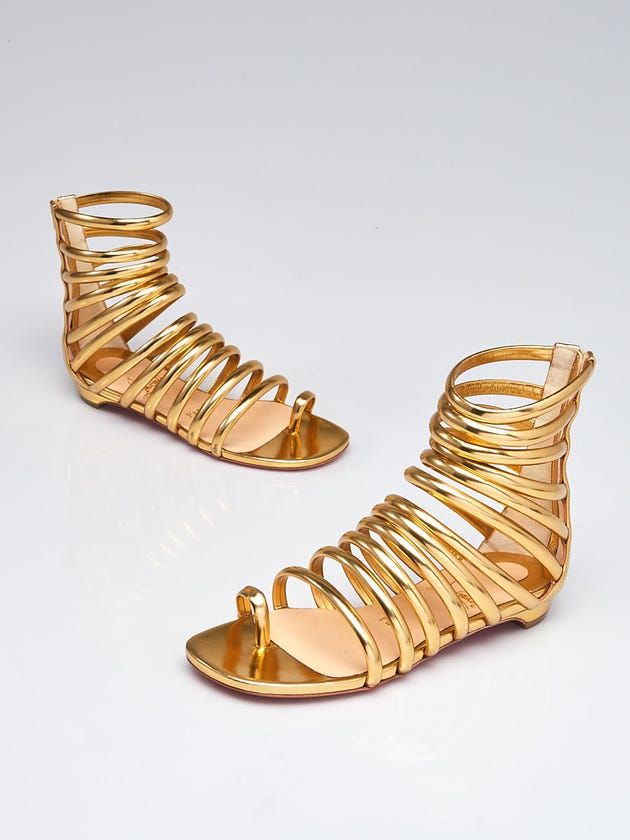 Christian Louboutin Gold Leather Catchetta Gladiator Flat Sandals Size 5/35.5