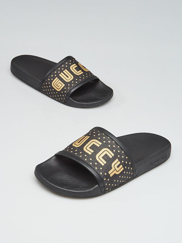Gucci Black Coated Canvas and Rubber GUCCY Pool Slides Size 5.5/36