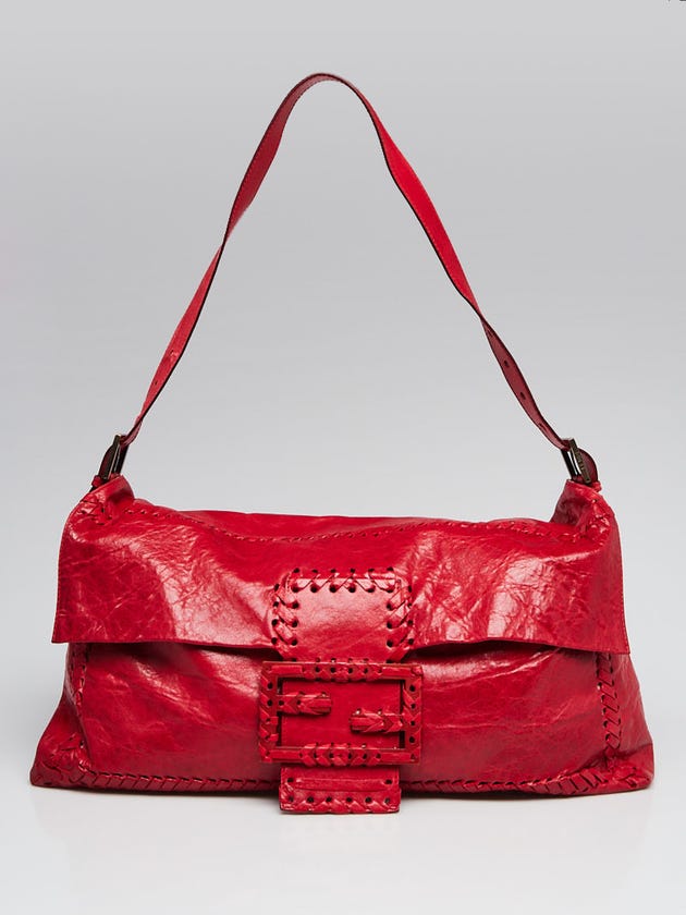Fendi Red Crinkle Leather Large Oversized Convertible Baguette Bag 8BT138