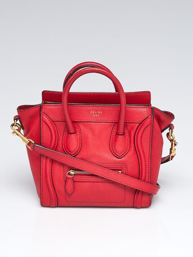 Celine Red Drummed Leather Nano Luggage Tote Bag