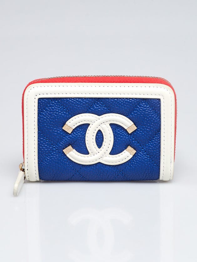 Chanel Blue/White/Orange Quilted Caviar Leather Filigree Zip Coin Purse
