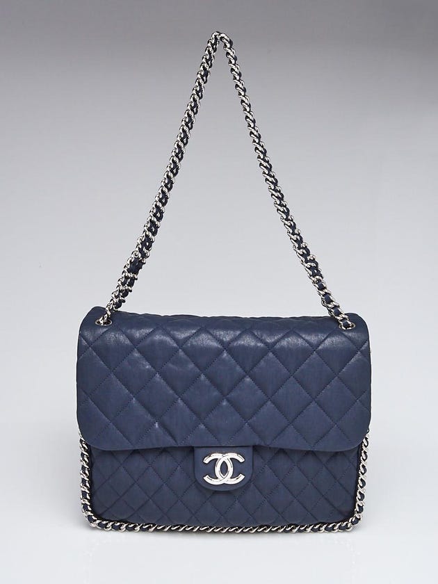 Chanel Navy Blue Quilted Washed Lambskin Leather Chain Around Maxi Flap Bag