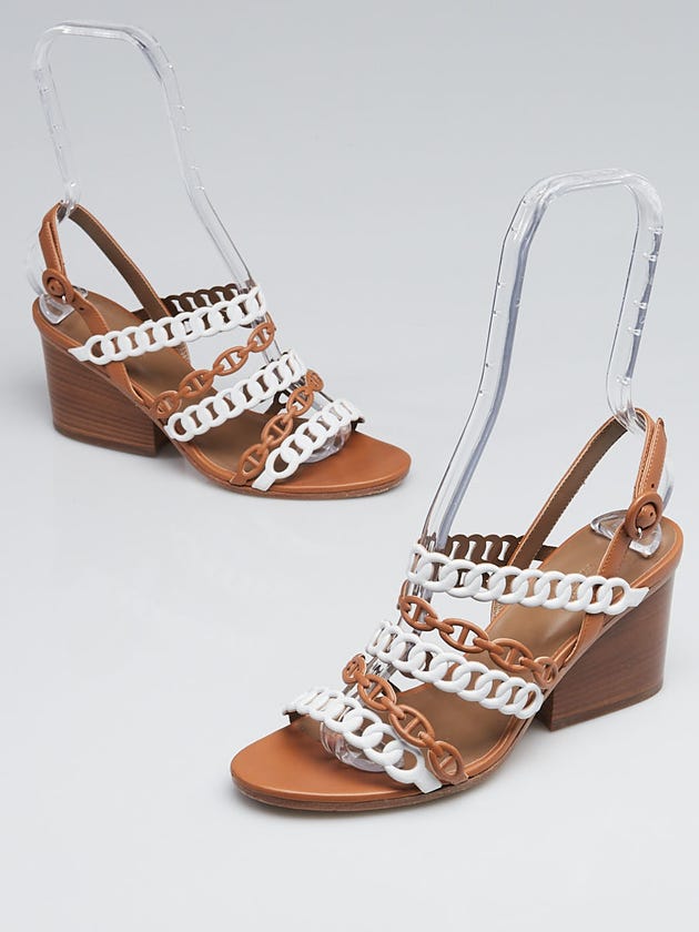 Hermes Brown/White Leather Romanza Sandals Size 7.5/38