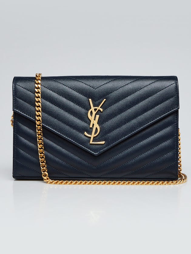 Yves Saint Laurent Blue Chevron Quilted Grained Leather Metalasse Wallet on Chain Bag