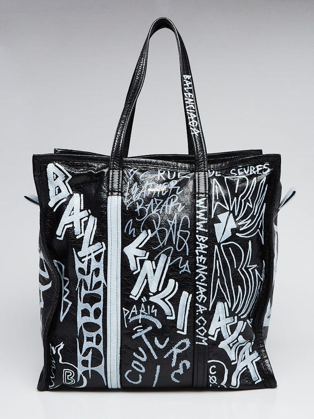 Balenciaga Black Graffiti Soft Lambskin Leather Bazar Medium Shopping Tote Bag