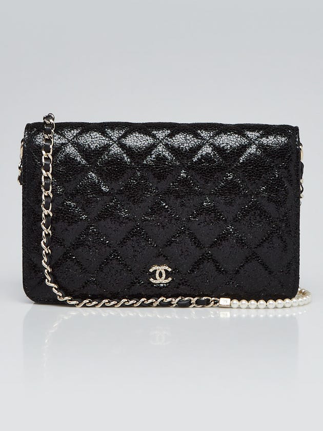 Chanel Black Quilted Crackled Patent Leather Pearl WOC Clutch Bag