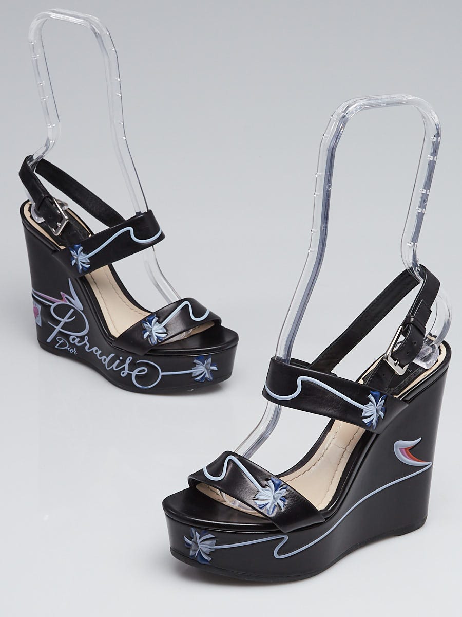 Christian Black Leather Paradise Wedge Sandals Size 5.5/36