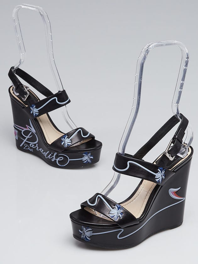 Christian Black Leather Paradise Wedge Sandals Size 5.5/36