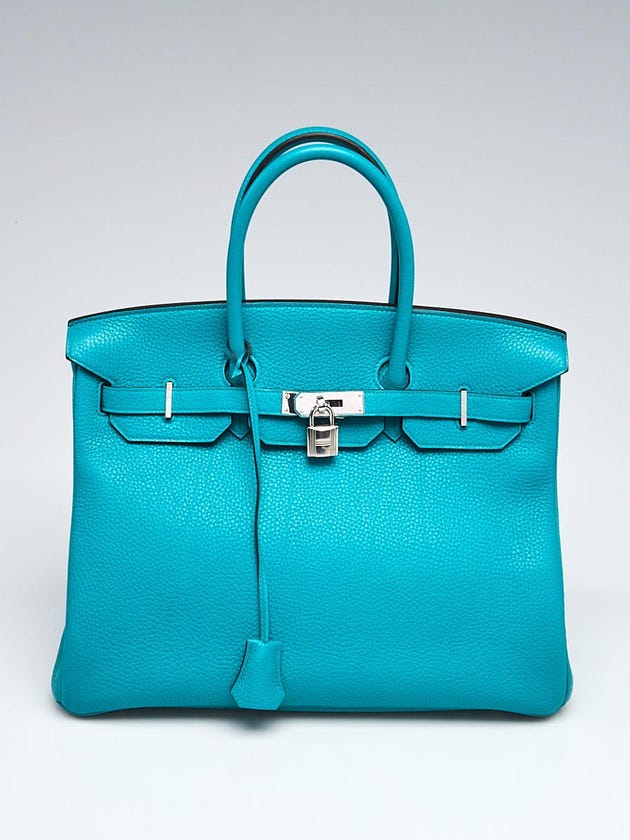 Hermes 35cm Bleu Paon Clemence Leather Palladium Plated Birkin Bag