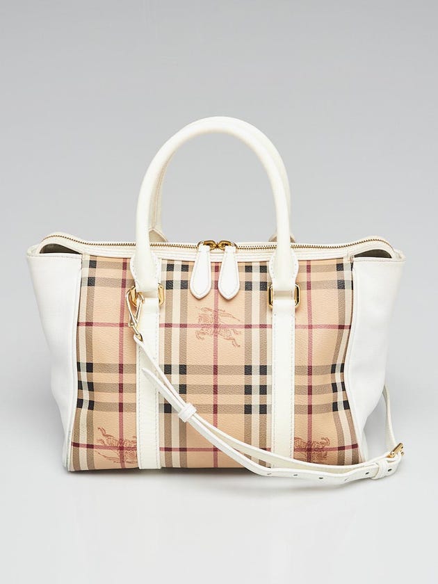 Burberry Haymarket Check Coated Canvas White Leather Chatton Bag
