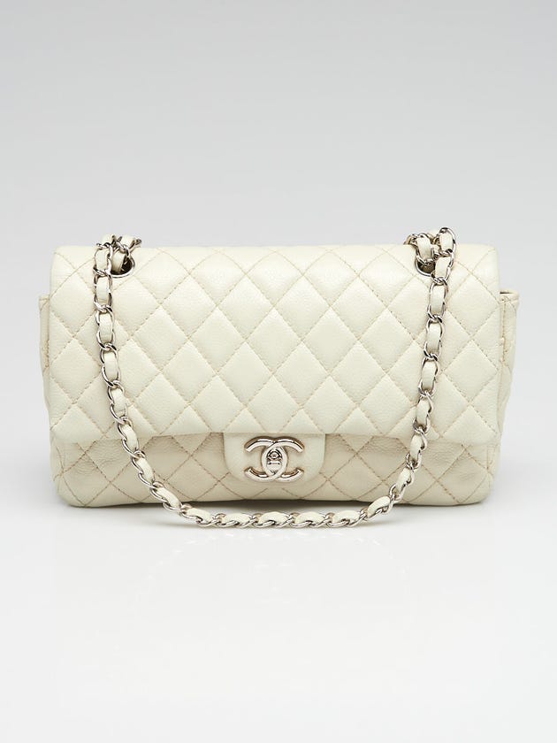 Chanel Dark White Quilted Washed Caviar Leather Medium Double Flap Bag