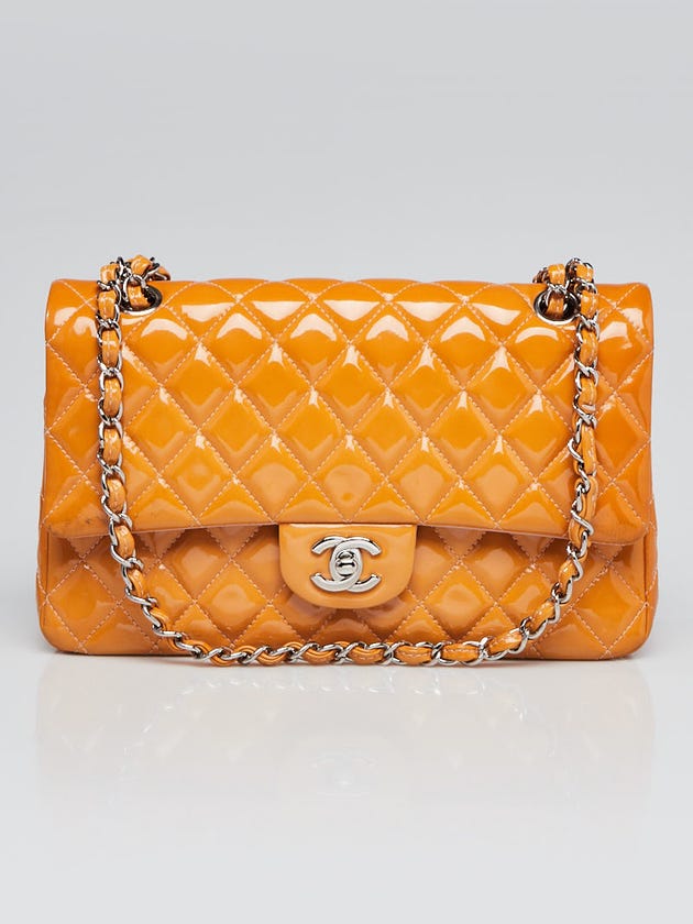 Chanel Orange Quilted Patent Leather Classic Medium Double Flap Bag