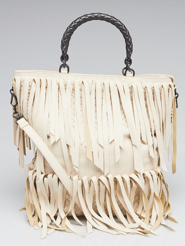 Bottega Veneta White Intrecciato Woven Nappa Leather Fringe Tote Bag