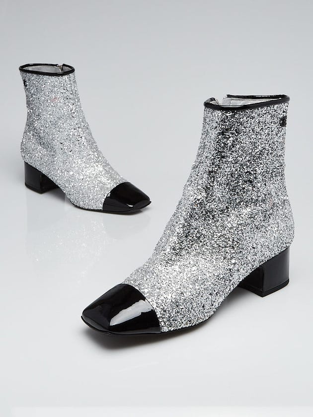 Chanel Silver Glitter Leather Cap Toe Ankle Boots Size 9.5/40