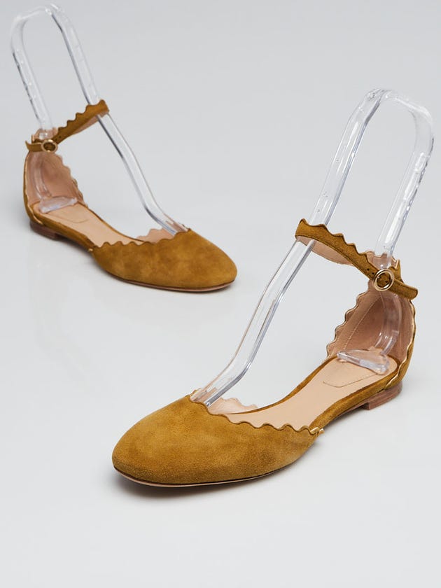 Chloe Green Suede Leather Scalloped Lauren Ankle Flats Size 5.5/36