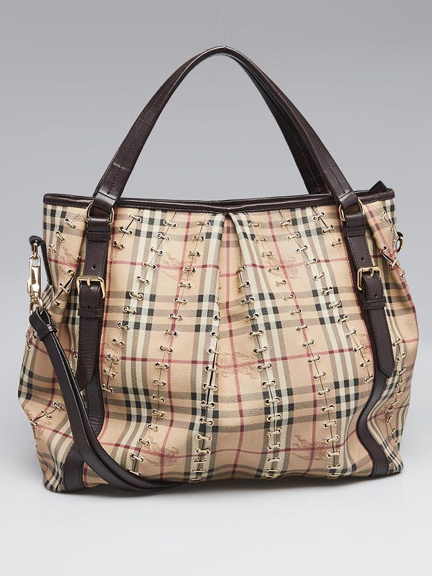Burberry Haymarket Check Canvas and Chocolate Leather Metal Stitch Large Lowry Tote Bag