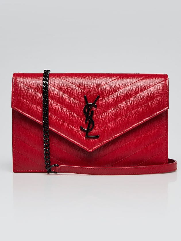 Yves Saint Laurent Red Chevron Quilted Grained Leather Metalasse Wallet On Chain Bag