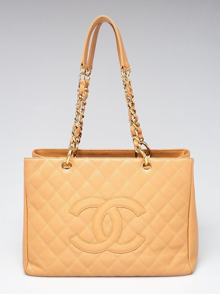 Chanel Beige Quilted Caviar Leather Grand Shopping Tote Bag