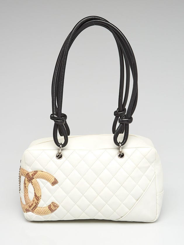Chanel White Quilted Leather and Python Cambon Bowler Tote Bag