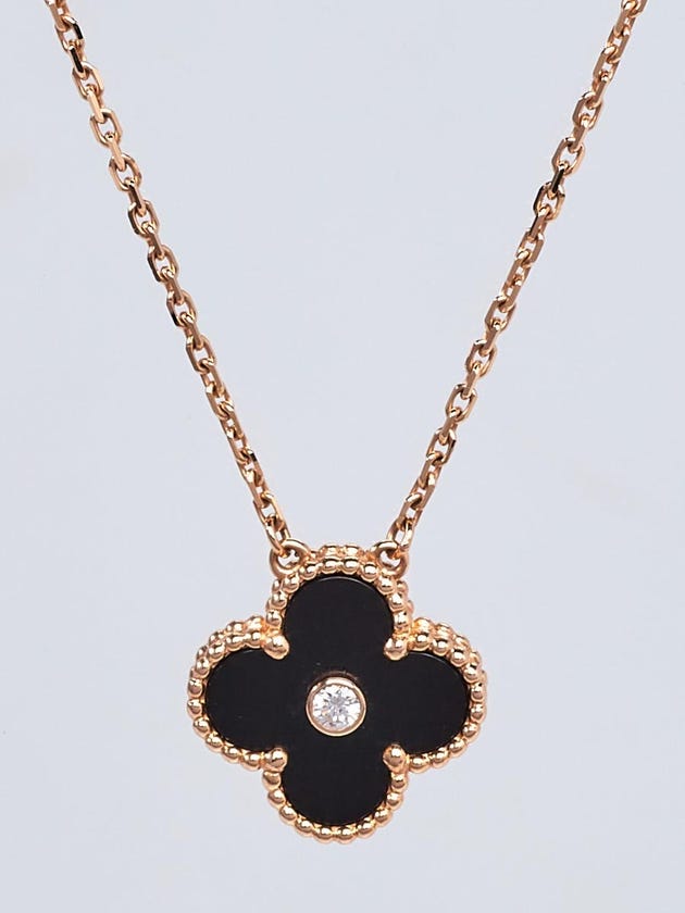 Van Cleef & Arpels 18k Rose Gold with Black Onyx and Diamond Vintage Alhambra Pendant