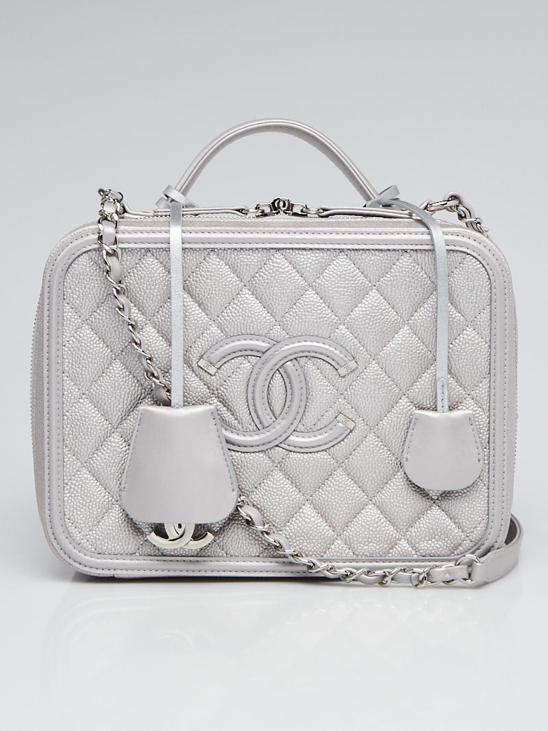 Chanel Silver Quilted Caviar Leather Filigree Large Vanity Case Bag -  Yoogi's Closet