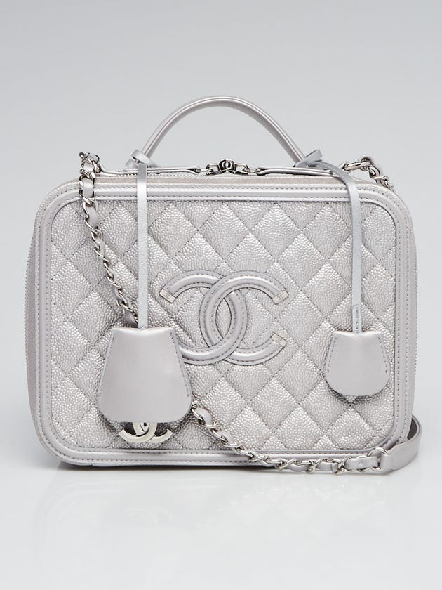 Chanel Silver Quilted Caviar Leather Filigree Large Vanity Case Bag