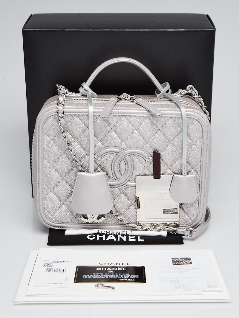 Chanel Silver Quilted Caviar Leather Filigree Large Vanity Case 