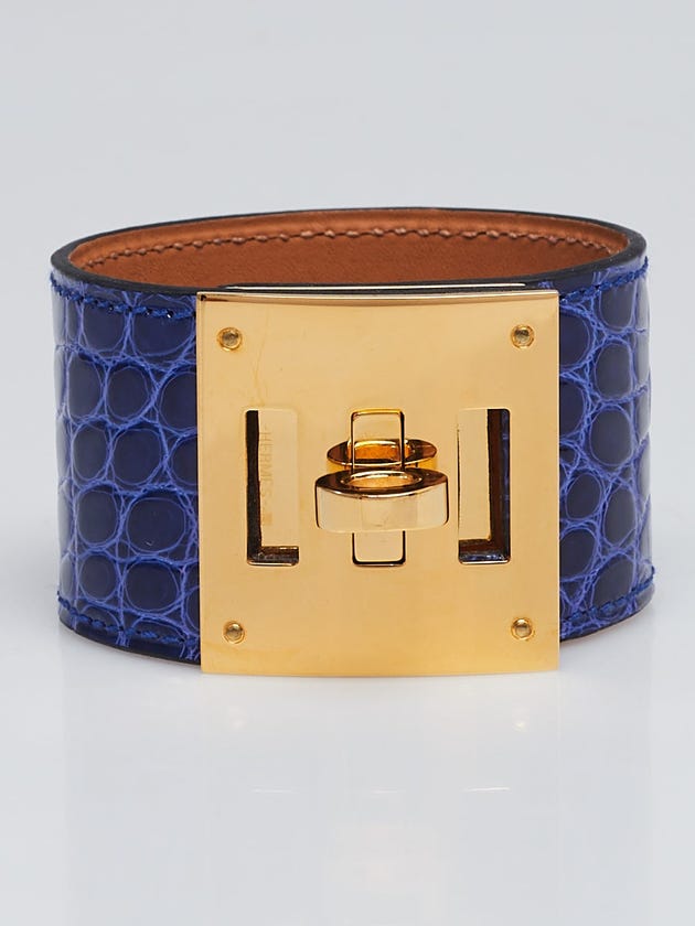 Hermes Blue Electric Shiny Lisse Alligator Leather Gold Plated Kelly Dog Bracelet Size T2